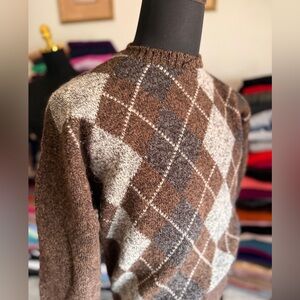 Brown Argyle Shetland Wool Sweater, Made in Scotland 🏴󠁧󠁢󠁳󠁣󠁴󠁿, Marshall Fields, L